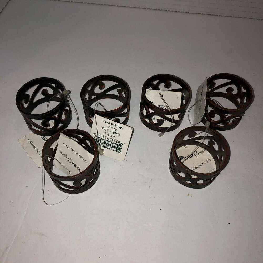 New Set of 6 Park Designs Pewter Scroll Napkin Rings Burl Metal